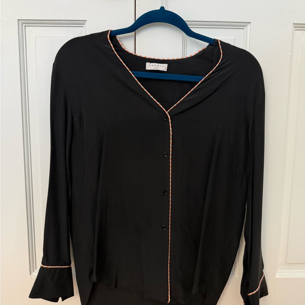 Sandro Black Blouse with Orange Trim